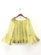 Shein Yellow Tie Dye Print Off The Shoulder Bell Sleeve Top