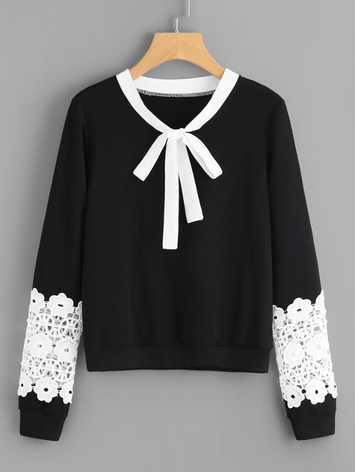 Shein Contrast Crochet Bow Tie Neck Pullover