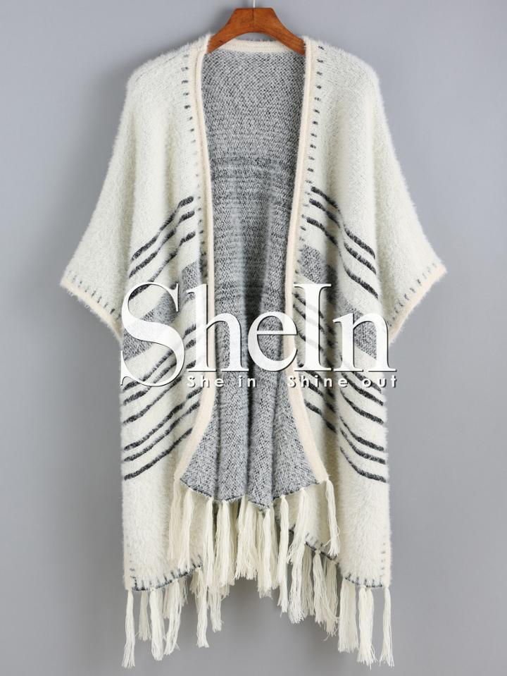 Shein White Batwing Striped Tassel Sweater