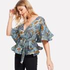Shein Flower Print Belted Wrap Top