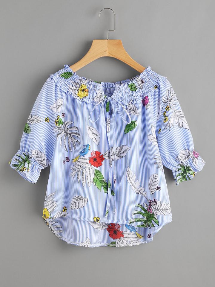 Shein Vertical Striped Jungle Print Top With Shirring