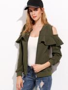 Shein Army Green Open Shoulder Ruffle Bomber Jacket