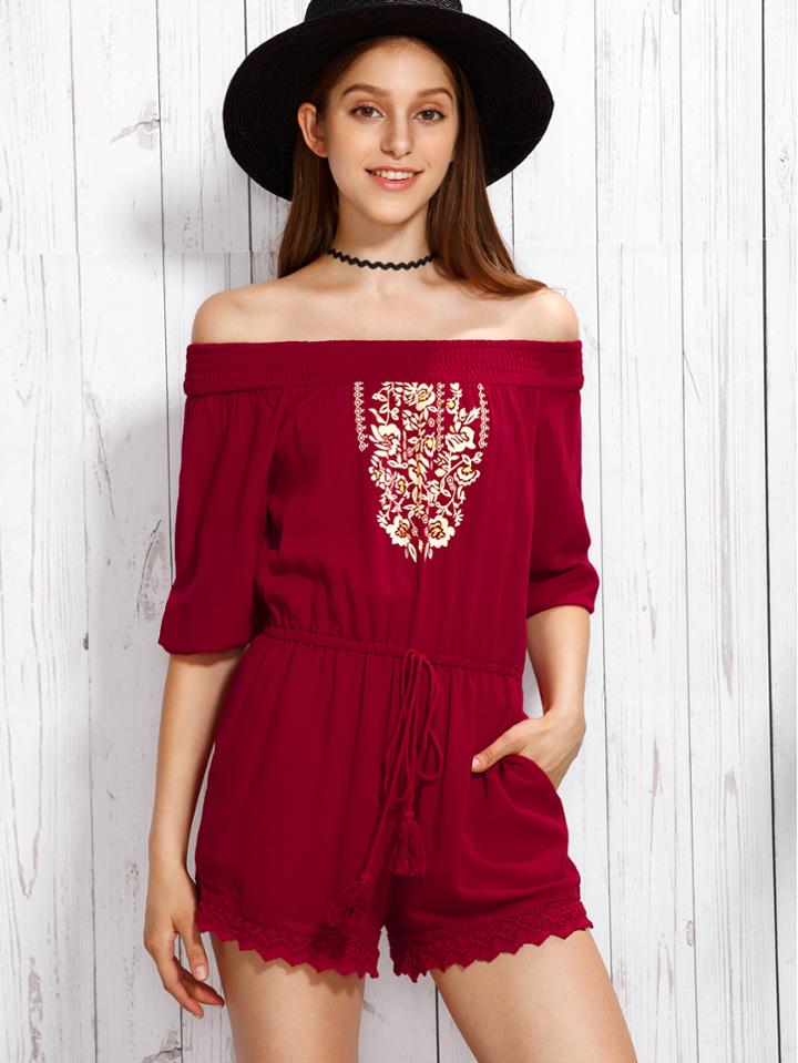 Shein Print In Burgundy Off The Shoulder Half Sleeve Jumpsuit