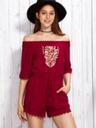 Shein Print In Burgundy Off The Shoulder Half Sleeve Jumpsuit