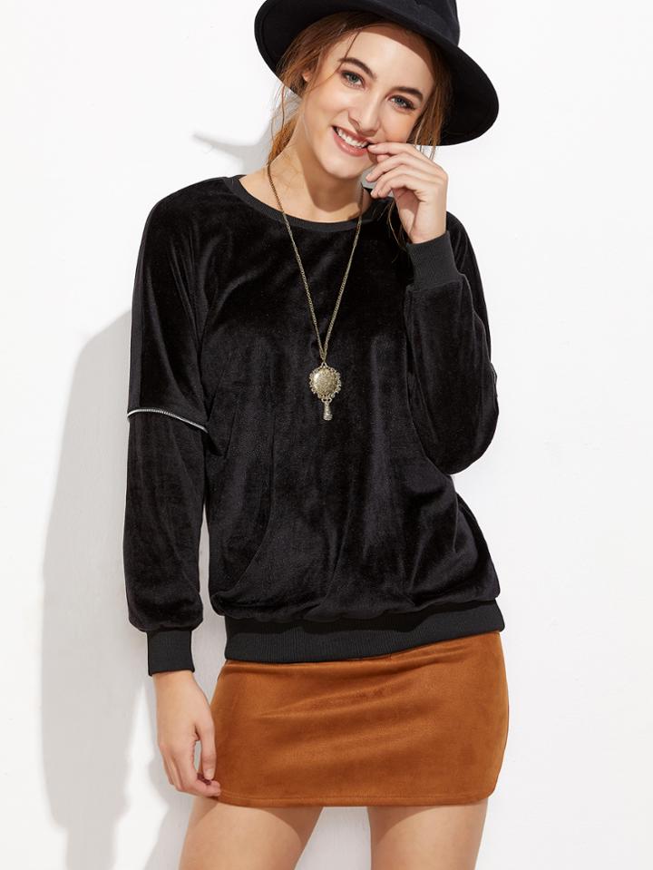 Shein Black Zipper Trim Velvet Sweatshirt