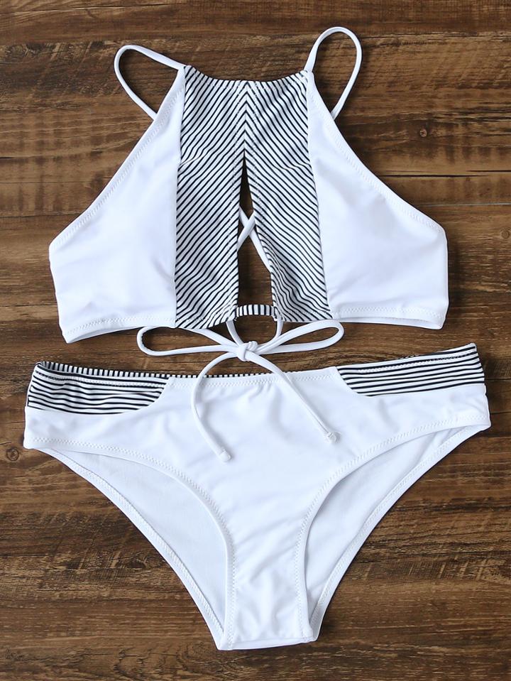 Shein Pinstrip Detail Lace Up Cutout Front Bikini Set