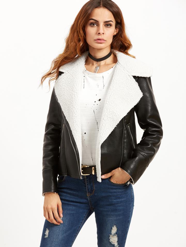 Shein Black Faux Shearling Collar Pu Aviator Jacket