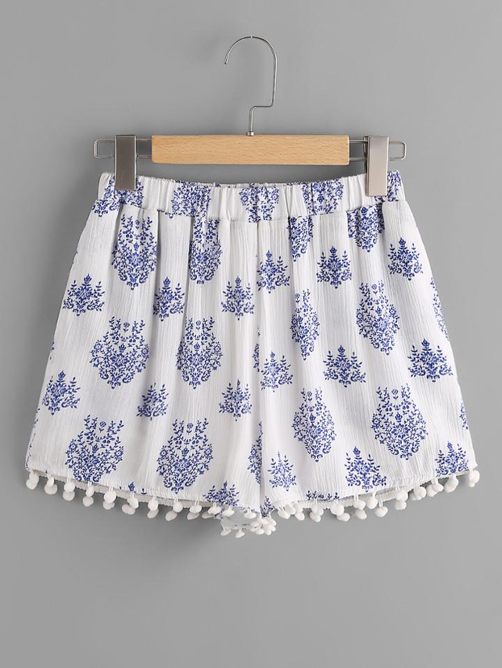 Shein Pom Pom Trim Leaf Pattern Crinkle Shorts