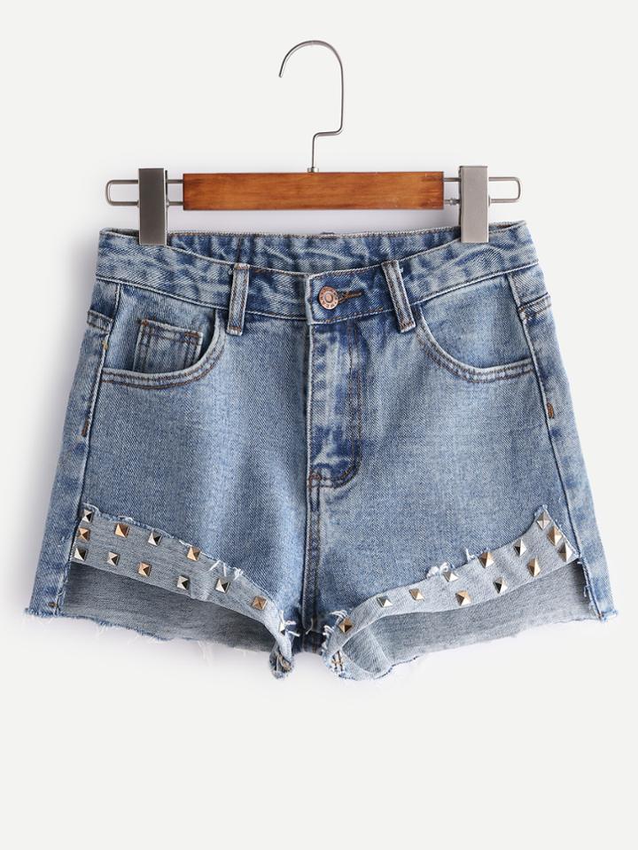 Shein Light Blue Bleached Rivet Trim Raw Hem Denim Shorts