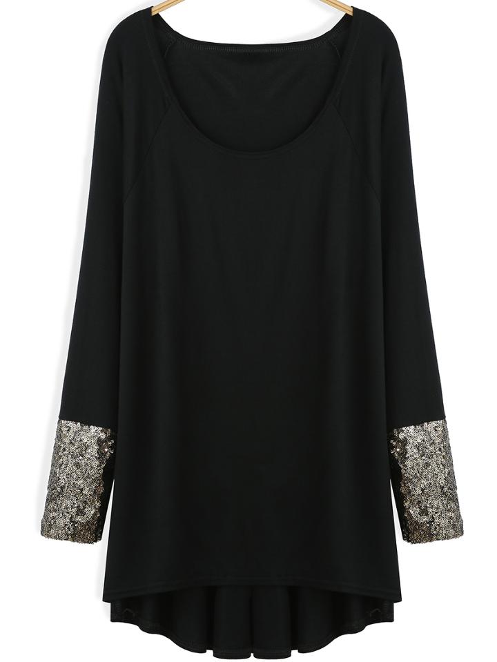 Shein Black Long Sleeve Sequined Dip Hem T-shirt