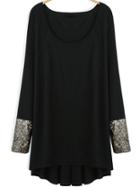 Shein Black Long Sleeve Sequined Dip Hem T-shirt