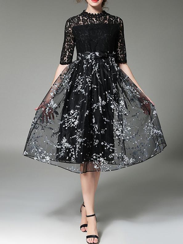 Shein Black White Contrast Organza Lace Print Dress
