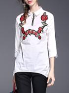 Shein White Lapel Flowers Embroidered Dress