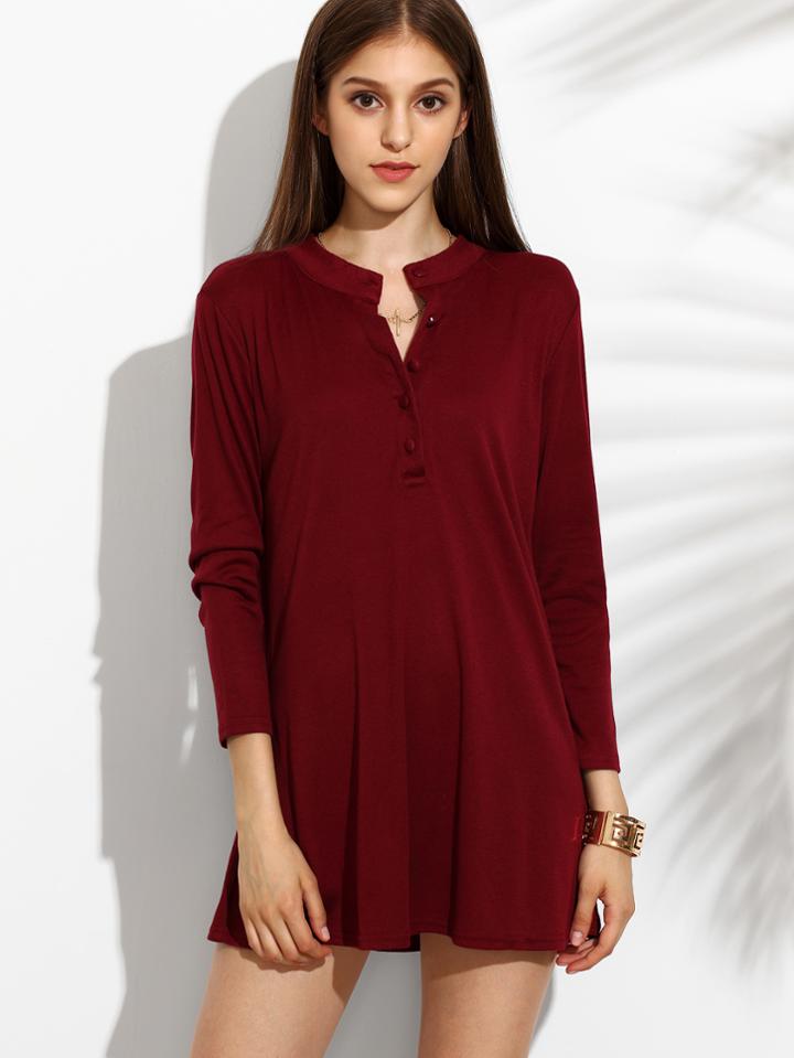 Shein Burgundy Stand Collar Button Front Shift Dress
