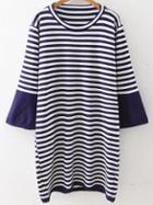 Shein Navy Striped Bell Sleeve Knit Dress