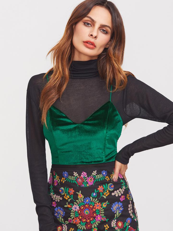 Shein Green Zip Back Velvet Cami Top