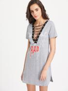 Shein Plunging Eyelet Lace Up Tee Dress