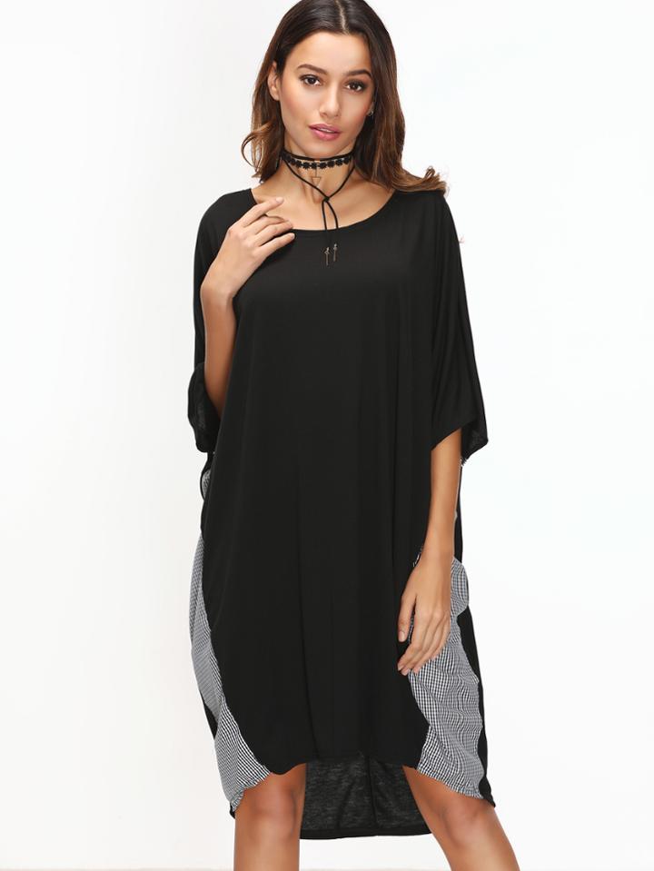 Shein Black Contrast Striped Dolman Sleeve Dip Hem Dress