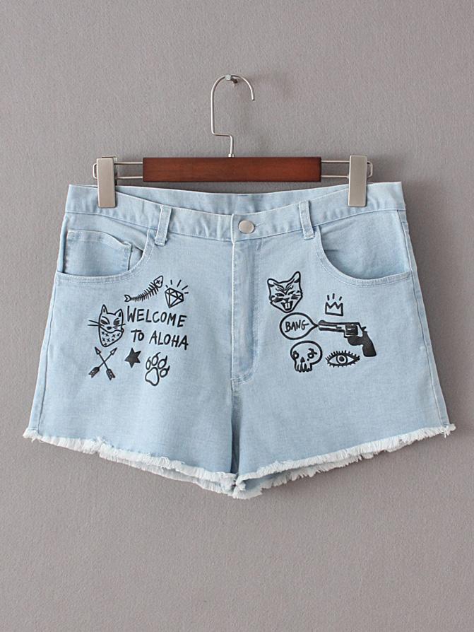 Shein Light Blue Cartoon Print Raw-edged Cut Shorts