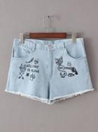 Shein Light Blue Cartoon Print Raw-edged Cut Shorts