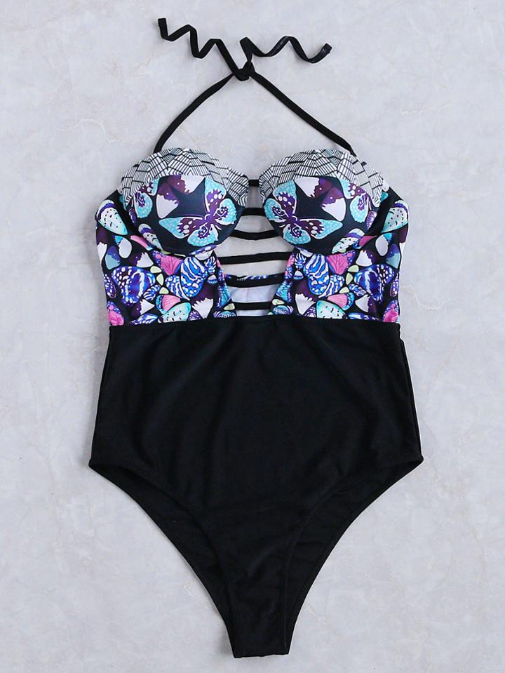 Shein Black Printed Ladder Cutout Bustier One-piece Swimwear