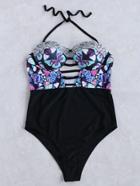 Shein Black Printed Ladder Cutout Bustier One-piece Swimwear