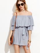 Shein Blue Belted Off The Shoulder Ruffle Romper