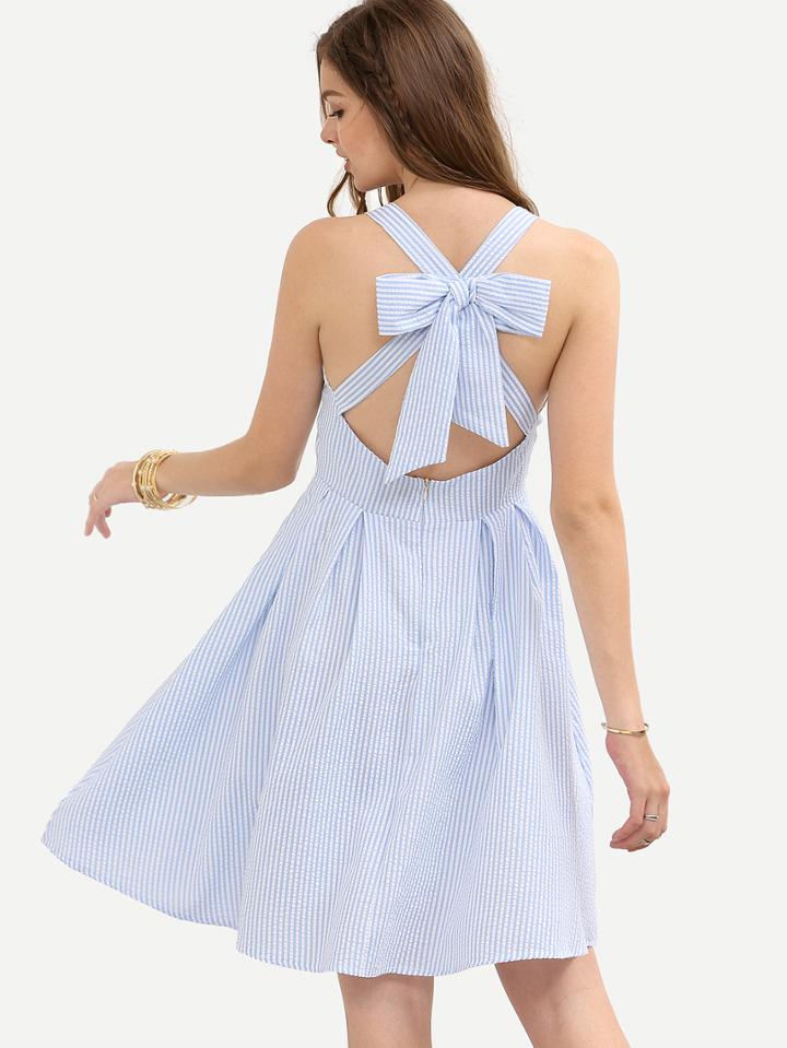 Shein Blue Striped Crisscross Bow Dress