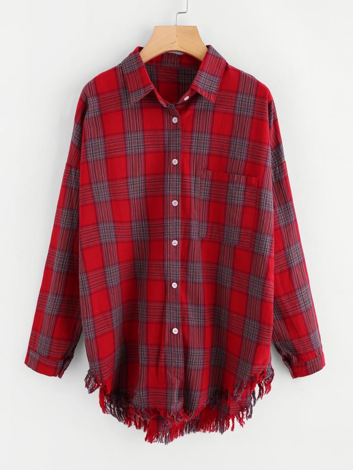 Shein Checked Fringe Hem Shirt