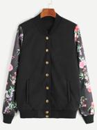 Shein Black Rose Print Sleeve Button Up Baseball Jacket