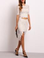 Shein White Crew Neck Lace Crop Top With Skirt