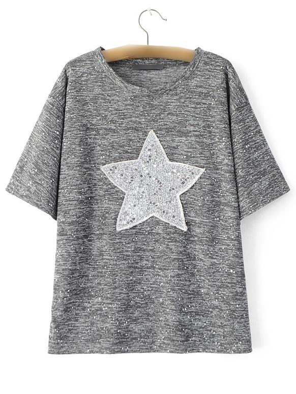 Shein Grey Round Neck Star Sequined T-shirt