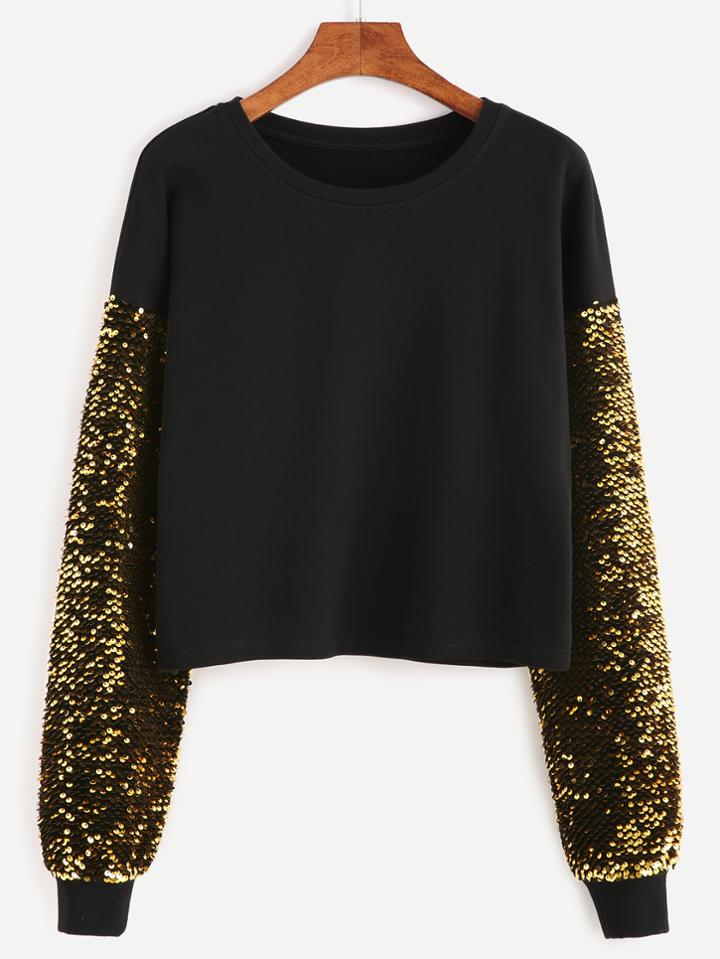 Shein Black Drop Shoulder Embroidered Sequin Sleeve Sweatshirt