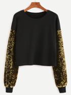 Shein Black Drop Shoulder Embroidered Sequin Sleeve Sweatshirt