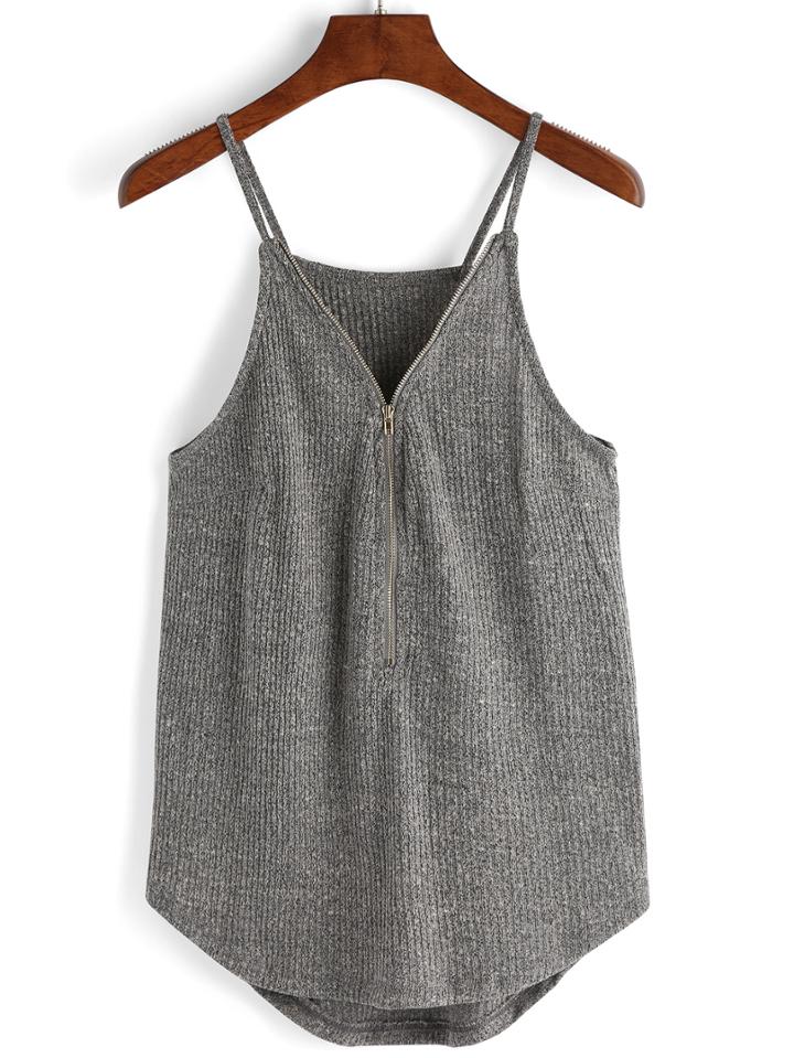 Shein Grey Spaghetti Strap Ribbed Zipper Cami Top