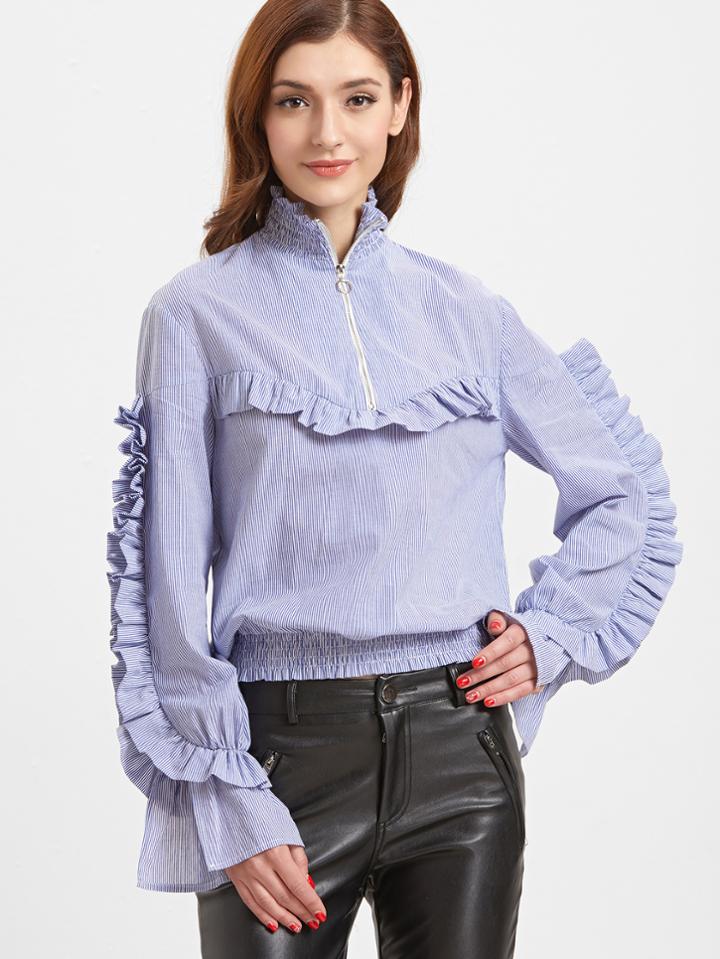 Shein Blue And White Striped Zip Front Smocked Trim Ruffle Blouse