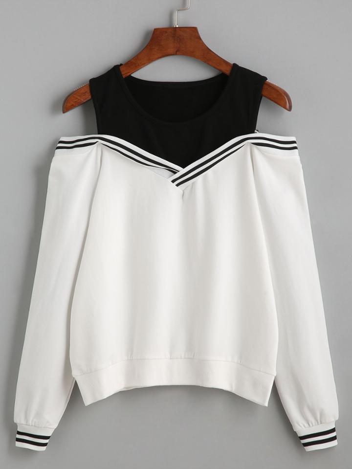 Shein Black Varsity Striped Contrast Open Shoulder Sweatshirt