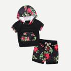 Shein Girls Kangaroo Pocket Floral Tee With Shorts