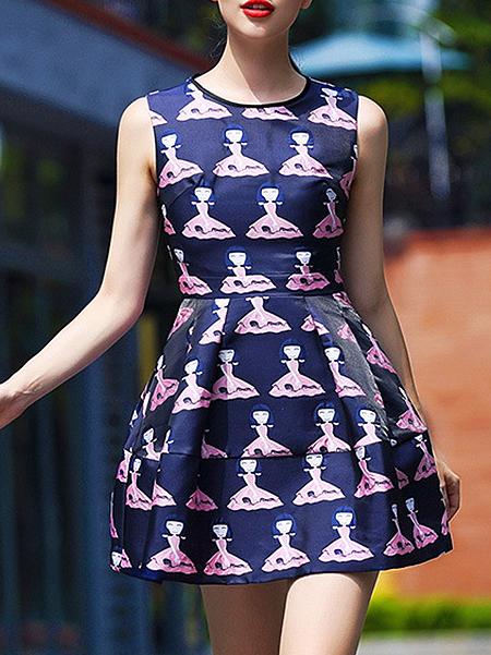Shein Purple Round Neck Sleeveless Character Print Dress