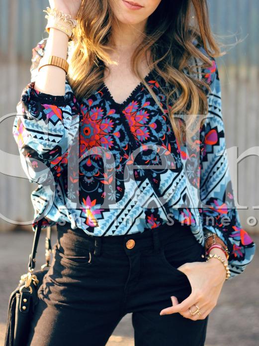 Shein Blue Blouson Sleeve Folk Print Blouse