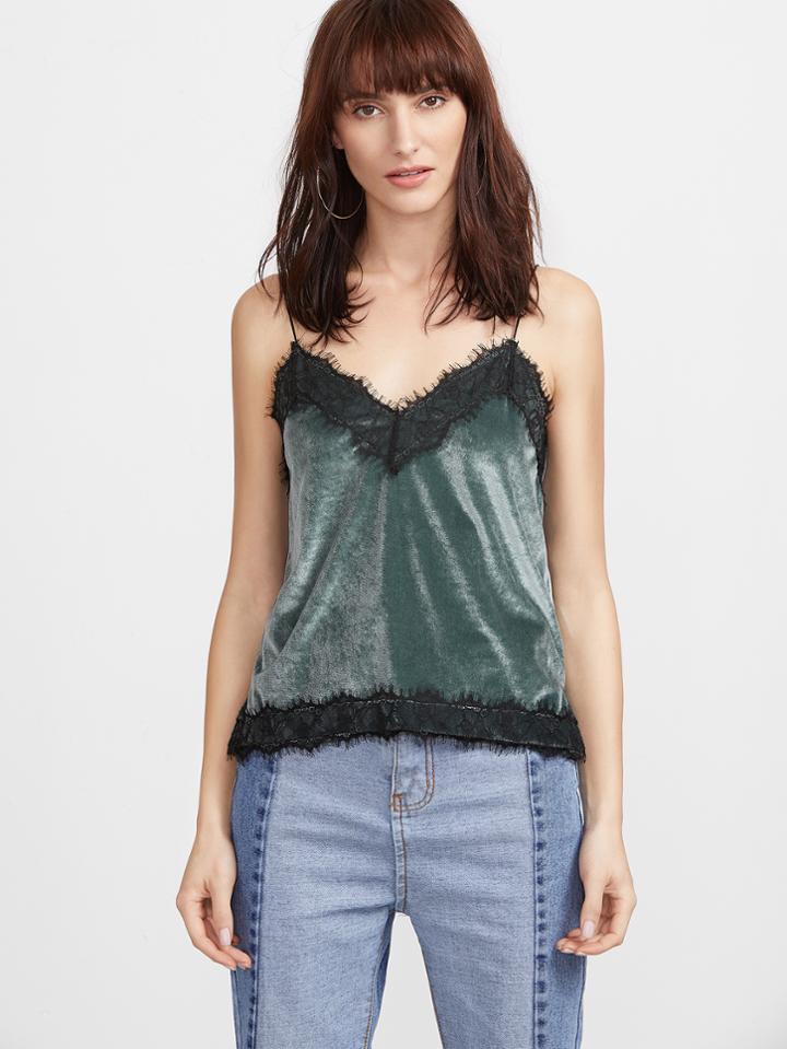 Shein Green Lace Trim Velvet Cami Top