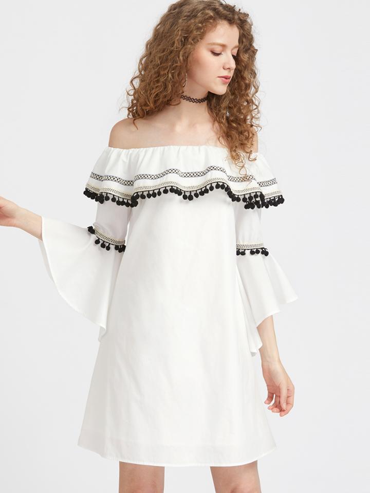 Shein Pom Pom And Woven Tape Detail Fluted Sleeve Ruffle Dress