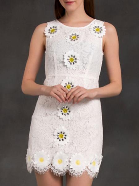 Shein White Beading Scallop Lace Dress