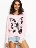 Shein Pink Butterfly Print Batwing Sleeve High Low T-shirt