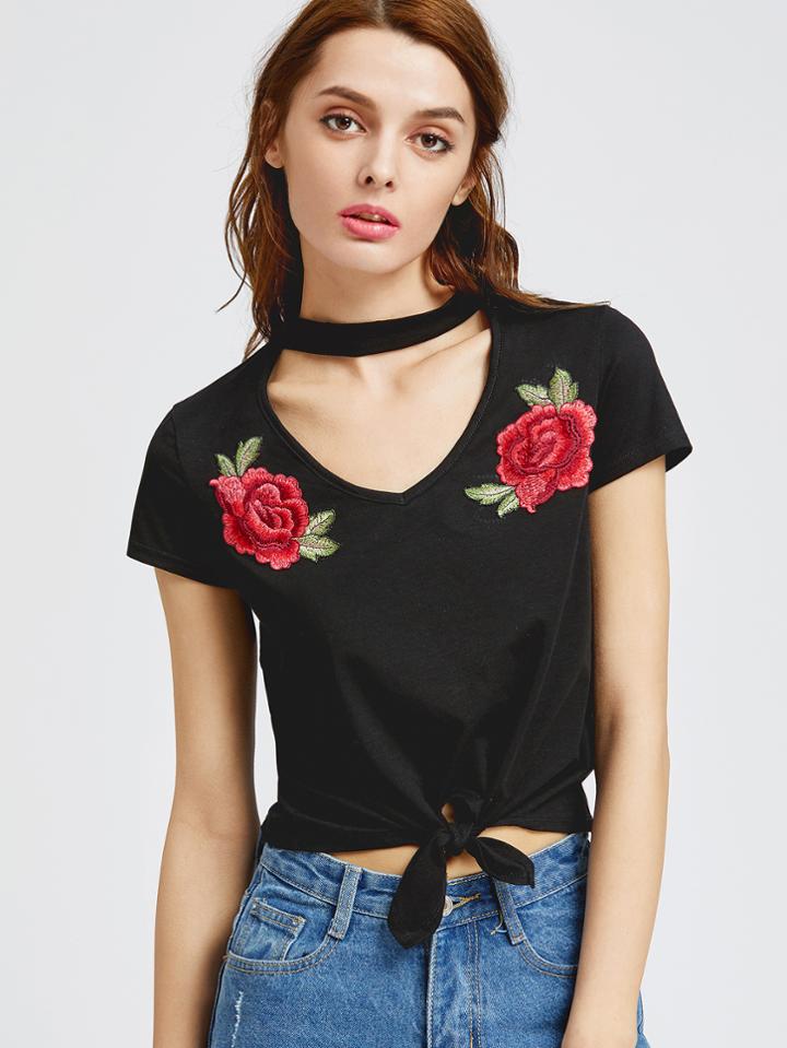 Shein Cutout Choker Neck Rose Patch Knot T-shirt