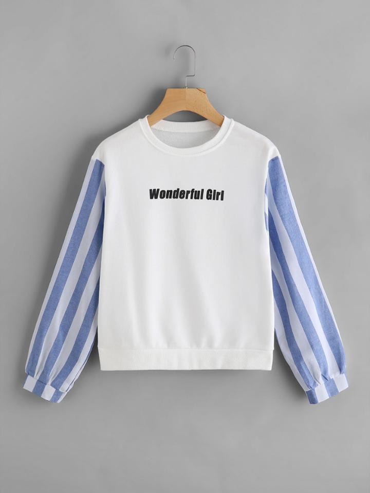 Shein Contrast Striped Sleeve Letter Print Sweatshirt