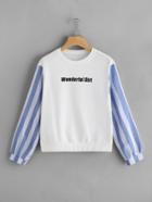 Shein Contrast Striped Sleeve Letter Print Sweatshirt