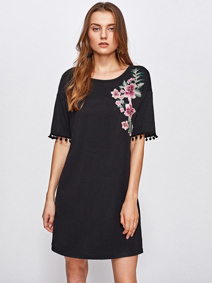 Shein Embroidered Flower Patch Pom Pom Detail Dress