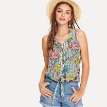 Shein Button Through Knotted Floral & Striped Top