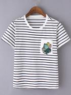 Shein Black White Stripe Embroidery Pocket T-shirt